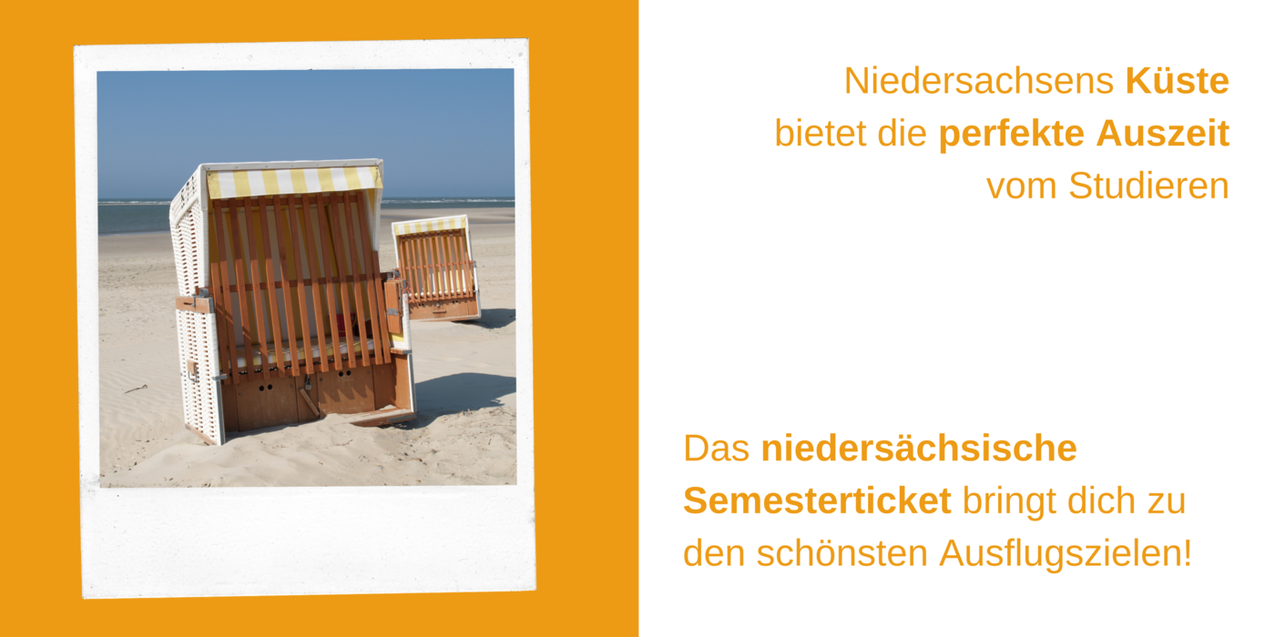 Strandkörbe am Meer, dazu der Text: Niedersachsens Küste bietet die perfekte Auszeit vom Studieren. Das niedersächsische Semesterticket bringt dich zu den schönsten Ausflugszielen! 