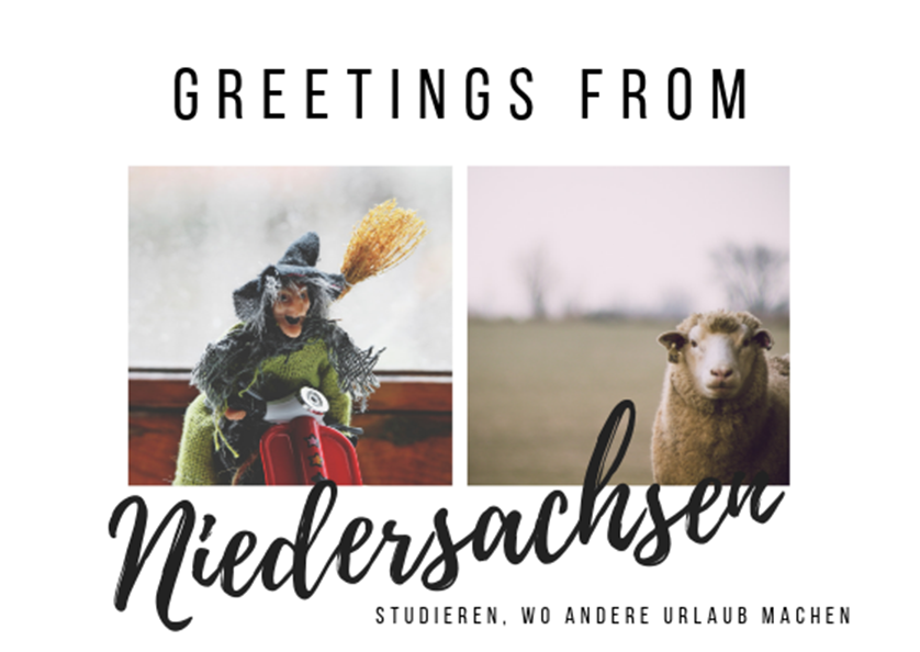 Die Figur einer Brockenhexe und ein Schaf auf dem Feld, dazu der Postkarten-Schriftzug: Greetings from Niedersachsen. Studieren, wo andere Urlaub machen